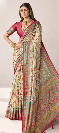 Beige and Brown color Saree in Silk fabric with Printed work