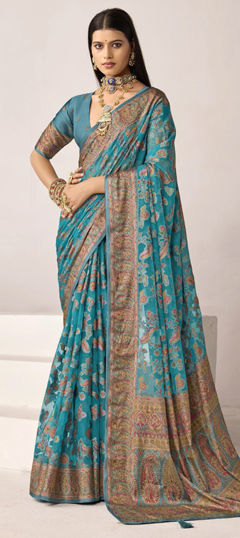 Blue color Saree in Silk fabric with Printed work