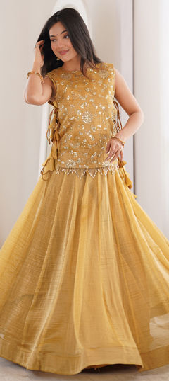Gold color Long Lehenga Choli in Crushed Silk fabric with Embroidered, Lace, Moti, Sequence, Zari work