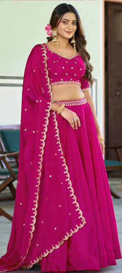 Pink and Majenta color Lehenga in Chinon Silk fabric with Embroidered, Sequence, Thread work