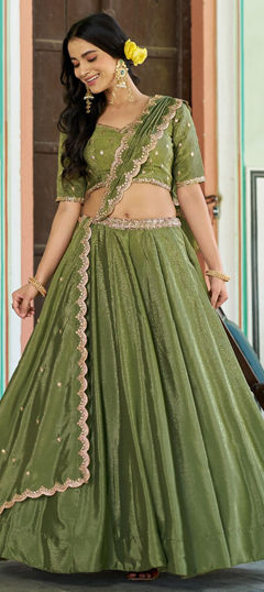Green color Lehenga in Chinon Silk fabric with Embroidered, Sequence, Thread work
