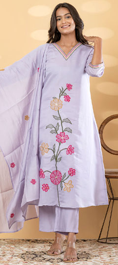 Purple and Violet color Salwar Kameez in Roman fabric with Embroidered, Zari work