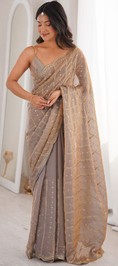 Beige and Brown color Saree in Tissue fabric with Embroidered, Sequence work