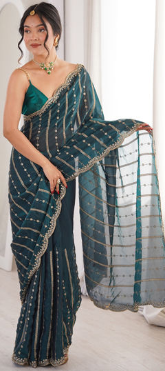 Blue color Saree in Tissue fabric with Embroidered, Sequence work