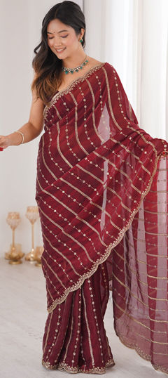 Red and Maroon color Saree in Tissue fabric with Embroidered, Sequence work