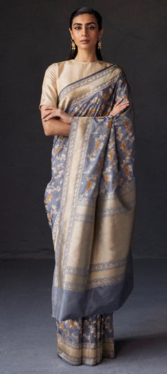 Black and Grey color Saree in Banarasi Silk fabric with Weaving, Zari work