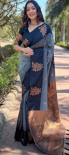 Black and Grey color Saree in Banarasi Silk fabric with Weaving, Zari work