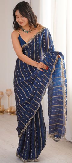Blue color Saree in Tissue fabric with Embroidered, Sequence work