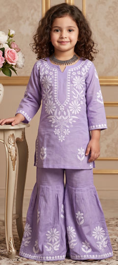 Purple and Violet color Girls Top with Bottom in Cotton, Rayon fabric with Embroidered work