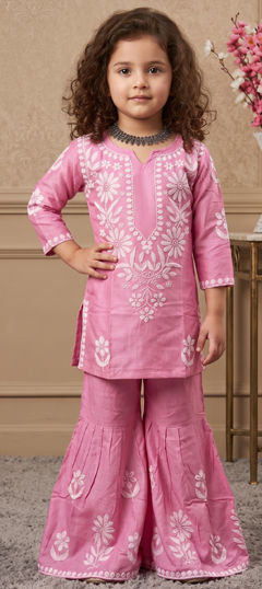 Pink and Majenta color Girls Top with Bottom in Cotton, Rayon fabric with Embroidered work