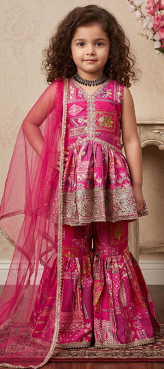 Pink and Majenta color Kids Salwar in Satin Silk fabric with Digital Print, Embroidered, Sequence work