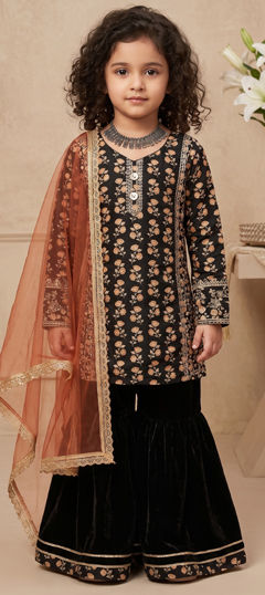 Black and Grey color Kids Salwar in Chinon Silk fabric with Digital Print, Embroidered, Sequence work