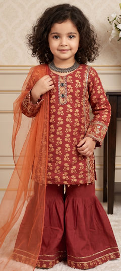 Red and Maroon color Kids Salwar in Chinon Silk fabric with Digital Print, Embroidered, Sequence work