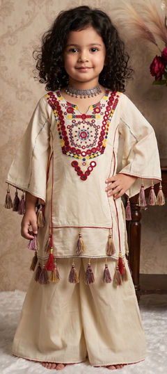 White and Off White color Girls Top with Bottom in Cotton Flex fabric with Embroidered, Mirror, Sequence work