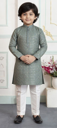 Green color Boys Kurta Pyjama in Art Silk fabric with Embroidered, Printed work