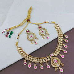 Gold Rodium Polish Pink and Majenta color Necklace in Copper studded with Austrian diamond
