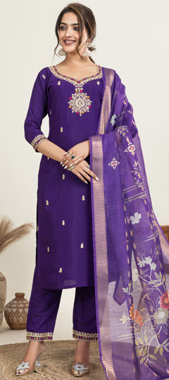 Purple and Violet color Salwar Kameez in Cotton fabric with Embroidered, Sequence work