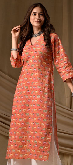 Orange color Kurti in Rayon fabric with Digital Print work