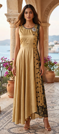 Beige and Brown color Dress in Satin fabric with Printed work