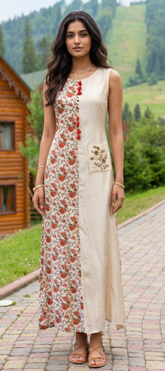 Red and Maroon, White and Off White color Dress in Muslin fabric with Floral, Printed work