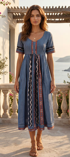 Blue color Dress in Cotton, Linen fabric with Printed work