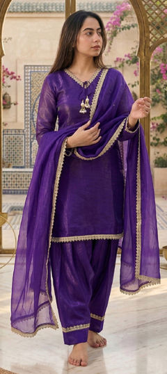 Purple and Violet color Salwar Kameez in Tissue fabric with Mirror, Moti work