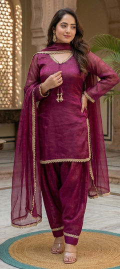 Purple and Violet color Salwar Kameez in Tissue fabric with Mirror, Moti work