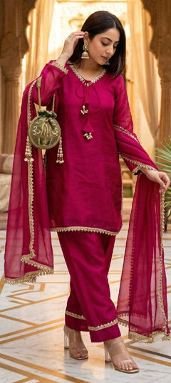 Pink and Majenta color Salwar Kameez in Tissue fabric with Mirror, Moti work