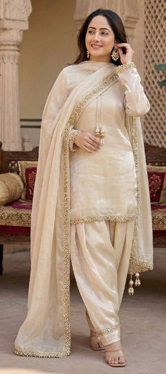 Beige and Brown color Salwar Kameez in Tissue fabric with Mirror, Moti work