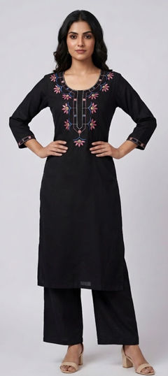 Black and Grey color Salwar Kameez in Rayon fabric with Embroidered work
