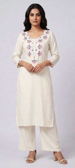 White and Off White color Salwar Kameez in Rayon fabric with Embroidered work