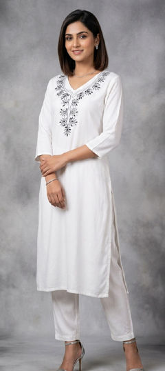 White and Off White color Salwar Kameez in Rayon fabric with Embroidered work