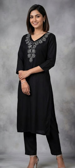 Black and Grey color Salwar Kameez in Rayon fabric with Embroidered work