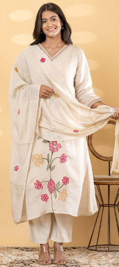 Beige and Brown color Salwar Kameez in Roman fabric with Embroidered, Zari work