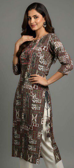 Beige and Brown color Kurti in Cotton fabric with Printed work