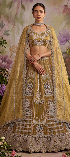 Yellow color Lehenga in Net fabric with Embroidered, Sequence, Thread, Zari work