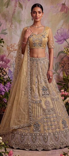 Gold color Lehenga in Net fabric with Embroidered, Sequence, Thread, Zari work