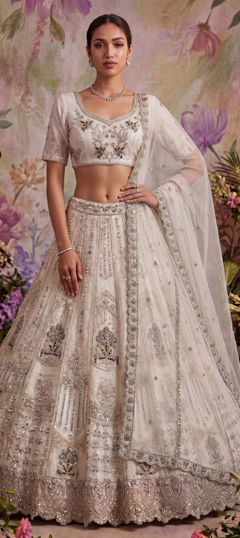 White and Off White color Lehenga in Net fabric with Embroidered, Sequence, Thread, Zari work