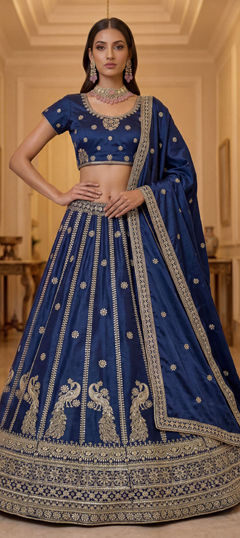 Blue color Lehenga in Silk fabric with Embroidered, Lace, Sequence, Zari work