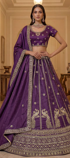Purple and Violet color Lehenga in Silk fabric with Embroidered, Lace, Sequence, Zari work