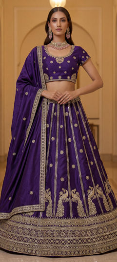 Black and Grey color Lehenga in Silk fabric with Embroidered, Lace, Sequence, Zari work