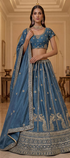 Blue color Lehenga in Silk fabric with Embroidered, Lace, Sequence, Zari work