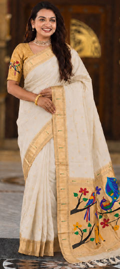 White and Off White color Saree in Silk fabric with Weaving, Zari work
