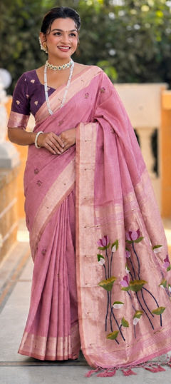 Pink and Majenta color Saree in Cotton fabric with Weaving, Zari work