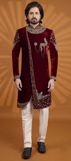 Red and Maroon color Sherwani in Velvet fabric with Embroidered work