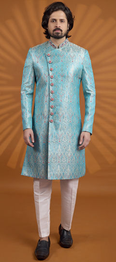 Blue color Sherwani in Banarasi Silk, Jacquard fabric with Embroidered work
