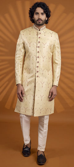 Gold color Sherwani in Banarasi Silk, Jacquard fabric with Embroidered work