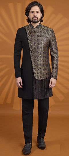 Black and Grey color Sherwani in Banarasi Silk, Jacquard fabric with Embroidered work
