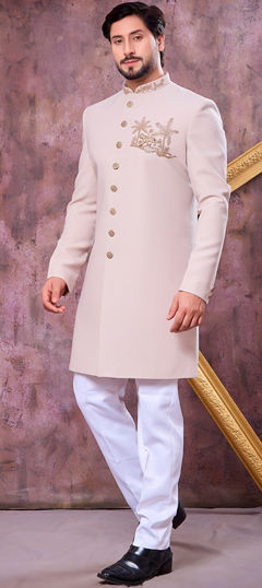 Beige and Brown color IndoWestern Dress in Imported fabric with Bugle Beads, Stone, Zardozi work
