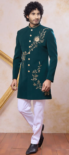 Green color IndoWestern Dress in Imported fabric with Bugle Beads, Stone, Zardozi work